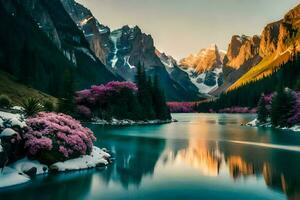 une magnifique Montagne Lac entouré par neige couvert montagnes. généré par ai photo