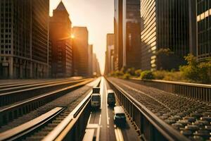 une vue de une ville rue avec une train Aller vers le bas le des pistes. généré par ai photo