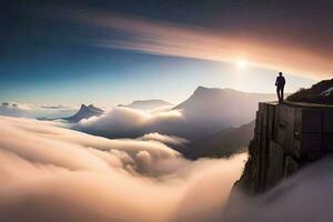 une homme permanent sur une falaise surplombant le des nuages. généré par ai photo