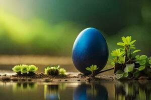 une bleu Oeuf est séance sur le sol entouré par vert les plantes. généré par ai photo