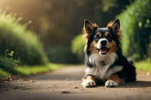 une chien séance sur le route dans le Soleil. généré par ai photo