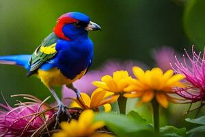 une coloré oiseau est assis sur une branche avec fleurs. généré par ai photo