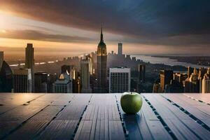 une vert Pomme sur une en bois table dans de face de une paysage urbain. généré par ai photo