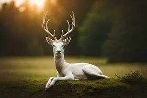 une blanc cerf est séance sur une herbeux champ. généré par ai photo