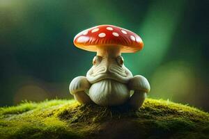 une petit rouge et blanc champignon séance sur Haut de une mousse couvert colline. généré par ai photo