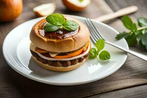 une Hamburger avec des légumes et herbes sur une plaque. généré par ai photo