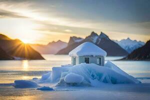 une petit maison est assis sur Haut de un iceberg dans le milieu de le océan. généré par ai photo