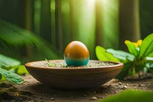 une coloré Oeuf dans une bol sur le sol dans le forêt. généré par ai photo