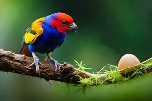 une coloré oiseau est assis sur une branche avec un œuf. généré par ai photo