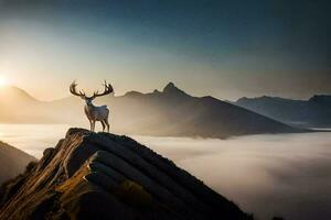 une cerf des stands sur Haut de une Montagne à lever du soleil. généré par ai photo