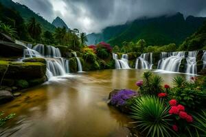 cascades dans le jungle avec coloré fleurs. généré par ai photo