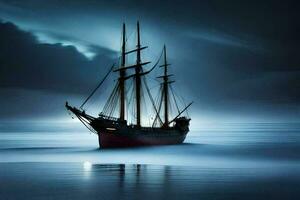 une voile navire dans le océan à nuit. généré par ai photo