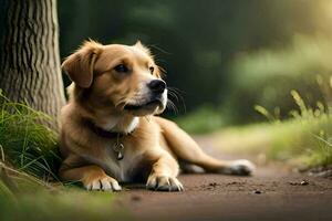 une chien pose sur le sol près une arbre. généré par ai photo