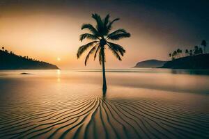 une paume arbre des stands seul sur le plage à le coucher du soleil. généré par ai photo