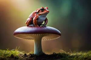 une rouge et blanc grenouille est assis sur Haut de une champignon. généré par ai photo