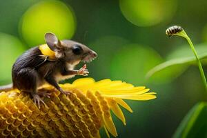 une Souris est séance sur Haut de une fleur. généré par ai photo