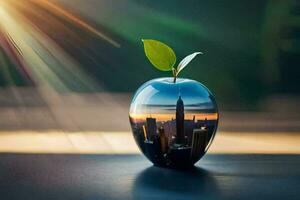 une verre Pomme avec une paysage urbain dans il. généré par ai photo