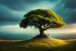 une arbre avec deux cerf sur Haut de il. généré par ai photo