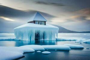 une maison fabriqué de la glace dans le milieu de le océan. généré par ai photo