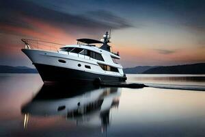 une luxe yacht dans le l'eau à le coucher du soleil. généré par ai photo