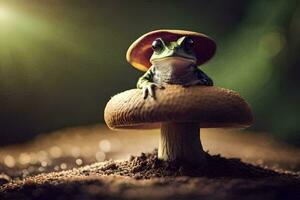 une grenouille portant une chapeau est assis sur Haut de une champignon. généré par ai photo