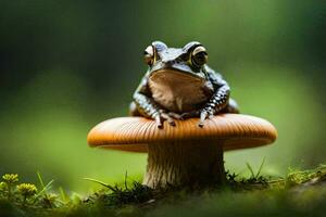 une grenouille est assis sur Haut de une champignon. généré par ai photo