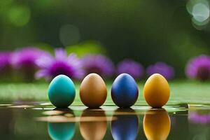 cinq coloré des œufs sont séance sur une étang avec violet fleurs. généré par ai photo
