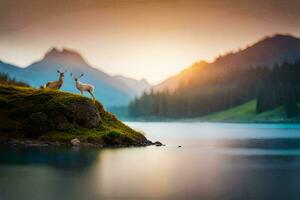 deux cerf permanent sur une Roche surplombant une lac. généré par ai photo