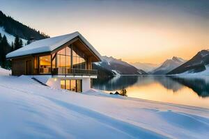 une cabine dans le neige avec une Lac dans le Contexte. généré par ai photo