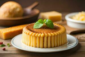 une petit gâteau sur une assiette avec fromage et autre ingrédients. généré par ai photo