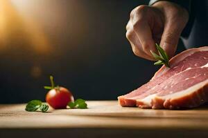 une la personne est Coupe une pièce de Viande sur une Coupe planche. généré par ai photo