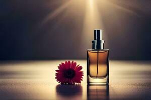 une bouteille de parfum et une fleur sur une tableau. généré par ai photo