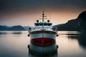 une bateau est amarré dans le l'eau à le coucher du soleil. généré par ai photo