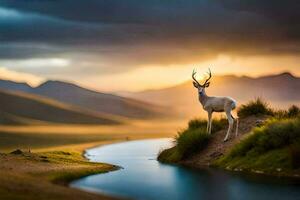 une cerf des stands sur le bord de une rivière dans le montagnes. généré par ai photo