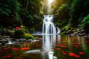 une cascade entouré par rouge fleurs dans une tropical forêt. généré par ai photo