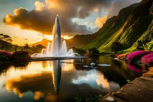 une magnifique Fontaine dans le milieu de une Lac avec fleurs. généré par ai photo