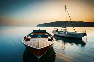 deux bateaux sont amarré à le rive à le coucher du soleil. généré par ai photo