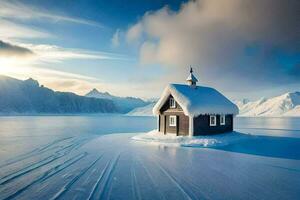 une petit maison est assis sur le la glace dans le milieu de une lac. généré par ai photo