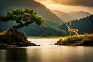 une cerf des stands sur une Roche près une lac. généré par ai photo