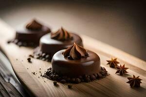 Trois Chocolat desserts sur une en bois planche. généré par ai photo