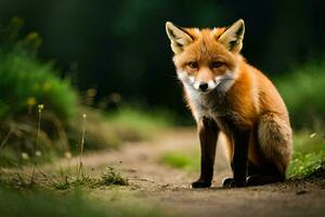 une Renard est assis sur le sol dans le milieu de une champ. généré par ai photo