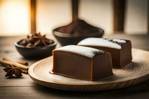 deux pièces de Chocolat sur une en bois plaque. généré par ai photo