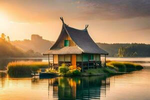 une petit maison sur une petit île dans le milieu de une lac. généré par ai photo