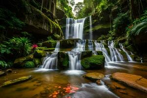 le cascade est entouré par luxuriant vert végétation et rouge poisson. généré par ai photo