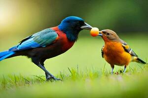 deux coloré des oiseaux en mangeant un Orange pièce de fruit. généré par ai photo
