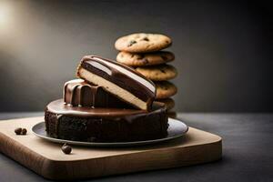 Chocolat gâteau avec biscuits et une tranche sur une plaque. généré par ai photo