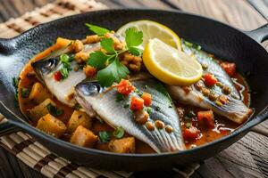 poisson dans une poêlon avec tomates et citron. généré par ai photo