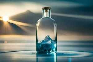 une bouteille avec une Montagne dans il sur le l'eau. généré par ai photo