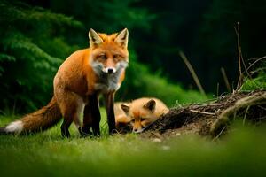 deux renards sont permanent dans le herbe. généré par ai photo