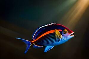 une coloré poisson avec brillant bleu et Orange rayures. généré par ai photo